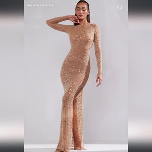 Sheer Embellished Long Sleeve Evening Gown in Almond